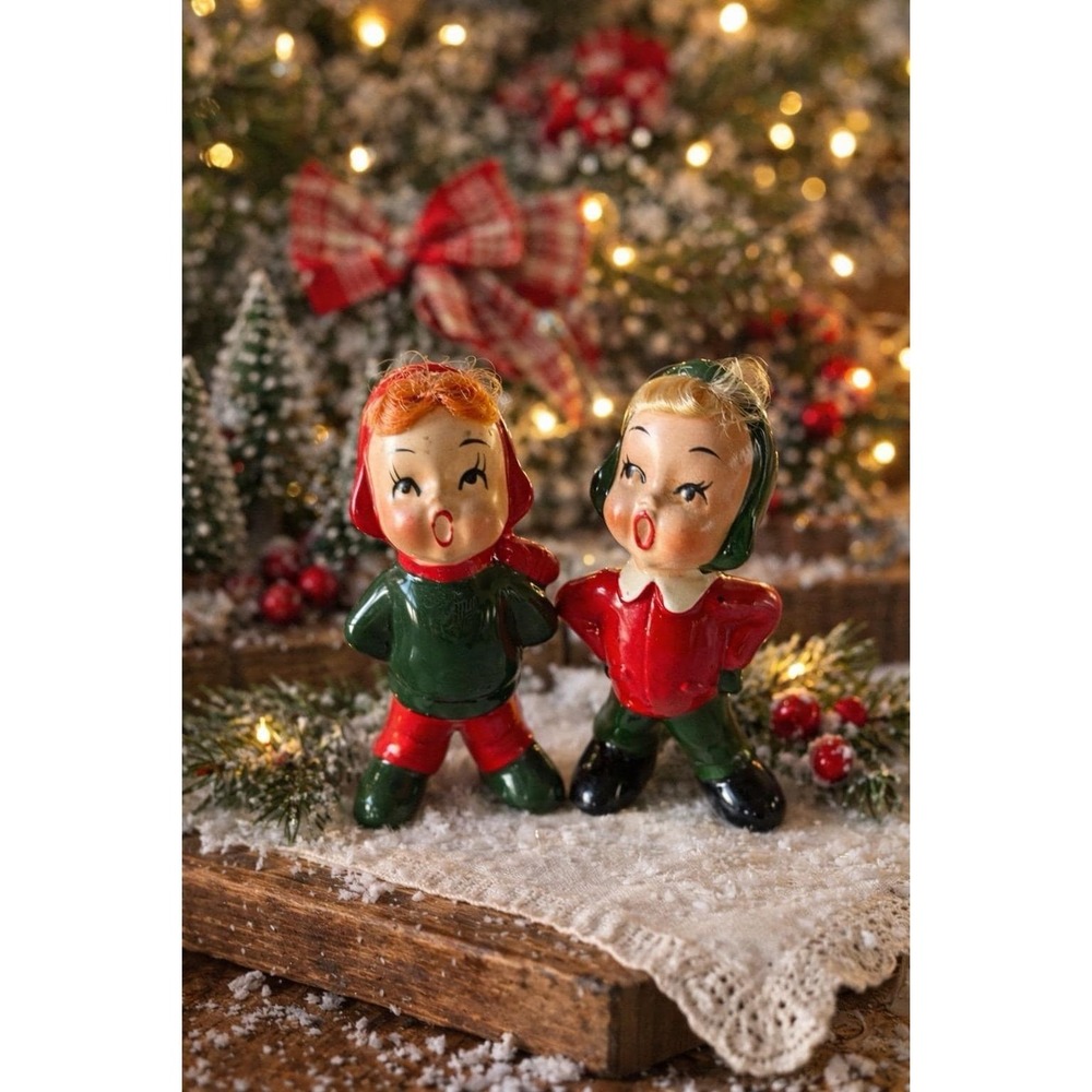 Vintage Kitsch 3.5" Ceramic Girl Carolers With Hair - Red And Blonde Christmas